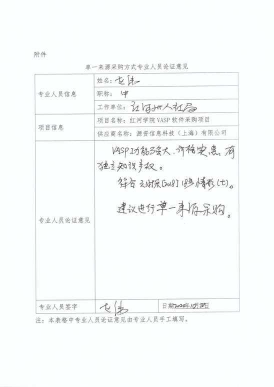 单一来源采购方式专业人员论证意见（VASP)-1